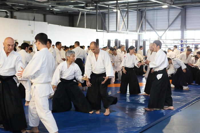 Aikido practitioners practicing techniques in a class