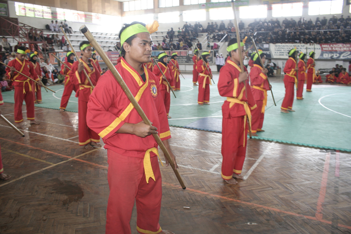 Silat practitioners practicing with a staff