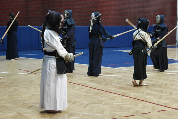Kendo practitioners practicing in the dojo