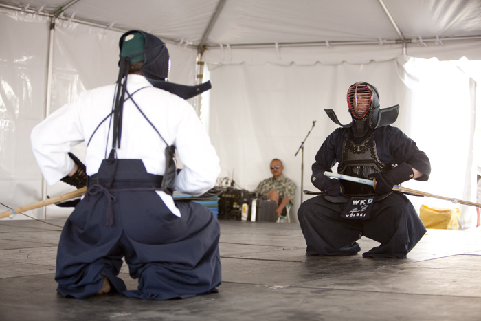 Two Kendo practitioners performing kata