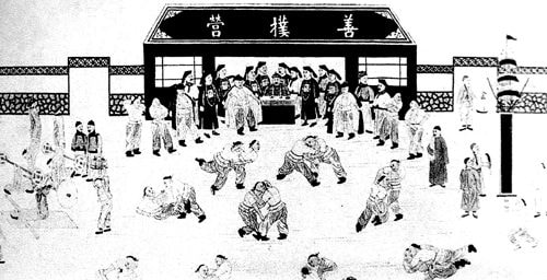 Illustration of Shuai Jiao students wrestling 