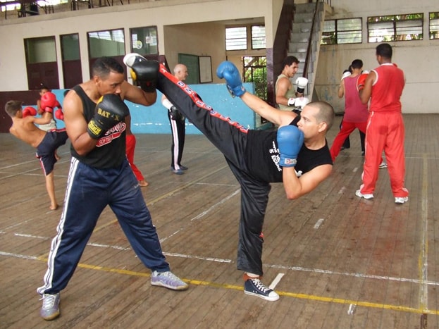 Savate practitioners training in an academy