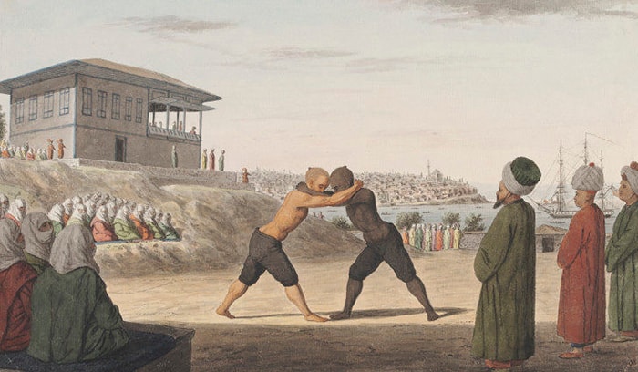 Old painting of two wrestlers oil wrestling in Turkey