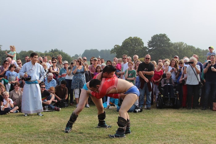 Mongolian wrestling competition taking place in Mongolia